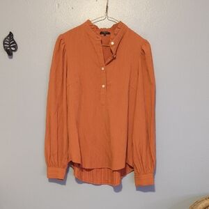 FRNCH Paris Terracotta Buttondown Blouse with Ruffle Collar Textured Fabric S